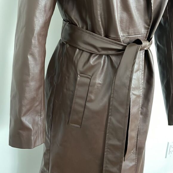NWT Brown vegan leather trench coat jacket - Picture 8 of 11
